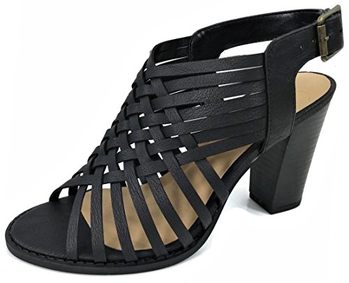 City Classified Open Toe Perforated Lace up Elastic Side Stacked Chunky Heel Sandal, Black, 7