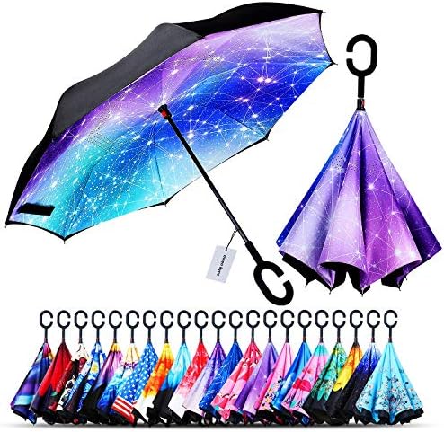 Windproof Double Layer Folding Inverted Umbrella, Self Stand Upside-down Rain Protection Car Reverse Umbrellas with C-shaped Handle