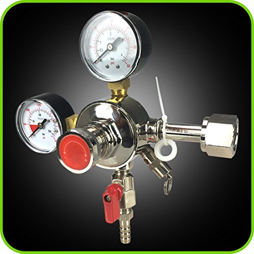 Co2 Beer Regulator Dual Gauge Draft Beer Dispensing Kegerator Heavy Duty 0 to 60 PSI - 0 to 3000 Tank Pressure CGA-320 Inlet Connection with 3/8" O.D. Outlet Barb Features Safety Pressure Relief Valve