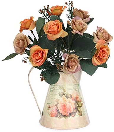 Louis Garden Artificial Flowers Set - Mini Iron Vase and 2 Bunch Oil Painting Mini Roses Set (Coffee)