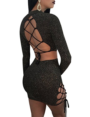 Halfword Womens Lace Up Bandage Bodycon Crop Top and Skirt Set 2 Piece Outfits Black M