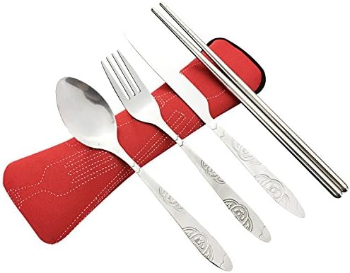 4 Piece Stainless Steel (Knife, Fork, Spoon, Chopsticks) Lightweight, Travel / Camping Cutlery Set with Neoprene Case (Red(4 piece))