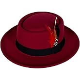 Punctualgood Wool Felt Fedora Hats for Women Men, Wide Brim Flat Top Hat Porkpie Hat, Jazz Hat with Feather Unisex