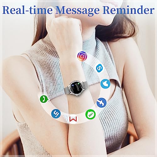 Efolen Smart Watches for Women with Diamonds (Answer/Make Call), 1.3'' Bluetooth Smartwatch for Android iOS, Waterproof Fitness Watch with Heart Rate/SpO2/Sleep/BP/AI Voice (Silver)