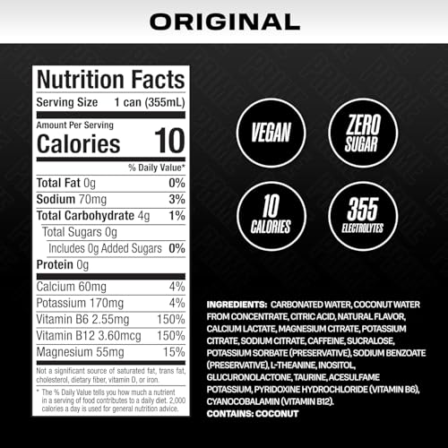 PRIME ENERGY ORIGINAL, ZERO SUGAR ENERGY DRINK, PREWORKOUT ENERGY, 200MG CAFFEINE WITH 355MG OF ELECTROLYTES AND COCONUT WATER FOR HYDRATION| VEGAN, GLUTEN FREE, 12 FLUID OUNCE |24 PACK