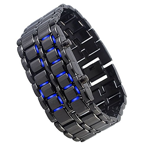 Aqy Lava Style Iron Samurai Black Bracelet Blue Led Watch With Box (888309021939)