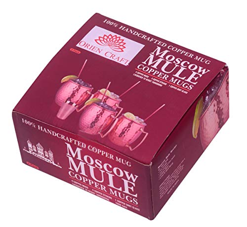 ORIEN CRAFT Moscow Mule Copper Mugs Set of 4 Pure Solid Handcrafted in India Moscow Mule Cups Set of 4 (16 OZ Each Mugs) - Set of 4 Copper Cocktail Mugs with 4 Straws and 1 Jigger!