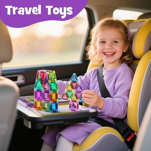 MEIQ 42-Piece Mini Magnetic Tiles Travel Set with Metal Storage Box - Portable STEM Building Blocks for Kids Ages 3-8, Montessori Educational Toys for Airplane & Car Rides, Gift for Boys & Girls