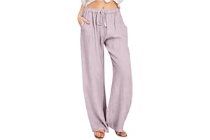 LEHOZIHEQ Women's Cotton Linen Palazzo Pants Summer Solid Trousers Elastic High Waist Wide Leg Pants with Pockets
