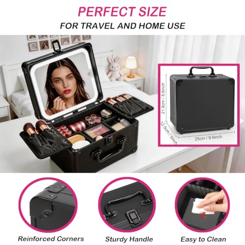 Makeup Bag with LED Mirror, Travel Train Case with Adjustable Dividers, Cosmetic Brush Organizer Storage for Women and Girls, Black 25 * 22 * 13Cm, USB Powered