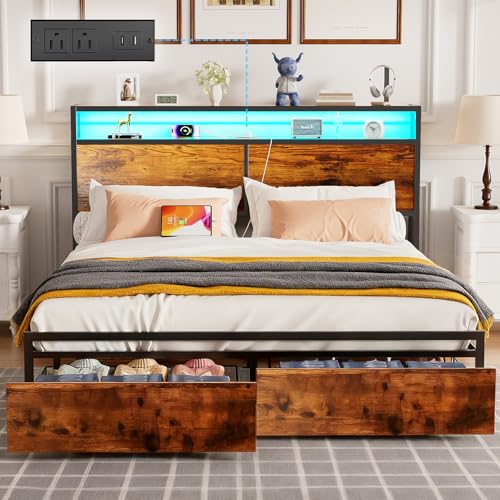 WELIKERA Marco de Cama con 2 Cajones, Base Cama King Cabecera con Luces Led, Base de Cama con Cabecera Estación de Carga USB y Espacio de Almacenamiento, Cama King Marco de Cama Fácil Montaje