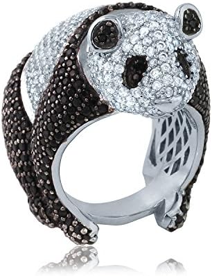 Rhodium Plated Silver Precious Bold Panda Ring with Black &amp; White Cz Size 7