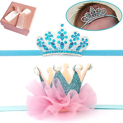 Elesa Miracle Baby Hair Accessories Baby Girl's Gift Box Shiny Tiara Crown Headband Set (2pc- Blue)