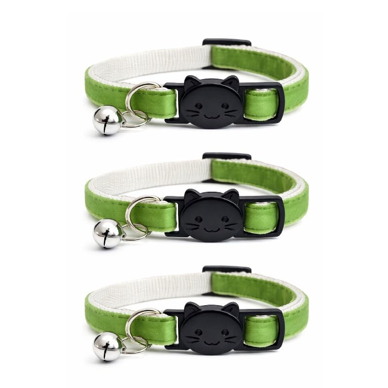 Velvet Cat Collars with Bell. Safe Breakaway Quick Release Buckle. Available in Cat & Kitten Size (Pack of 3) (Cat Collar (20cm - 30cm), Apple Green (Pack of 3))