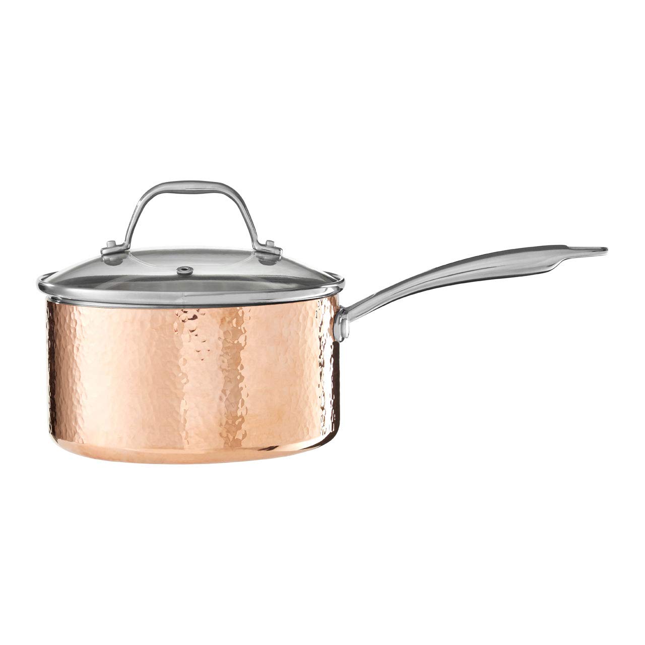 Premier Housewares Minerva Saucepan, Hammered Copper, Tri-Ply, Stainless Steel, Glass lid, 18cm