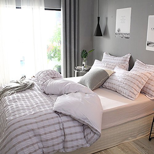 Lausonhouse Cotton Duvet Cover Set,100% Cotton Woven Seersucker Stripe Duvet Cover Set,3 Pieces Bedding Set - Queen - Linen - Thumbnail 3