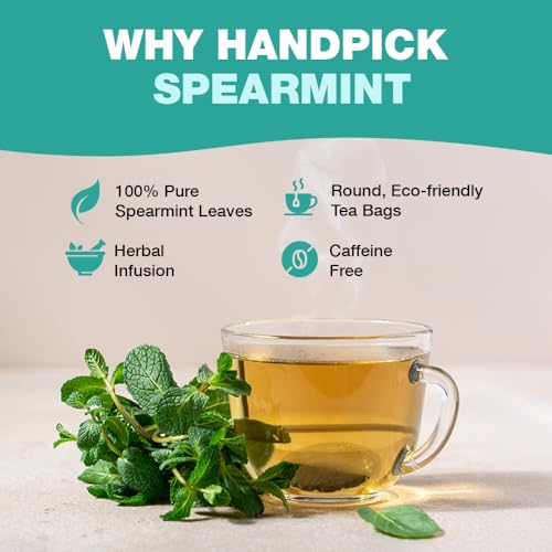 HANDPICK, Spearmint Tea (100 Herbal Tea Bags) Premium Spearmint Leaves, Caffeine Free | Non-GMO, Gluten Free | 100% Halal Certified | Round Eco-Conscious Tea Bags | Light & Fresh