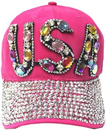 Women's Denim Jean Bling USA Studded Rhinestone Adjustable Baseball Cap Hat (Hot Pink)