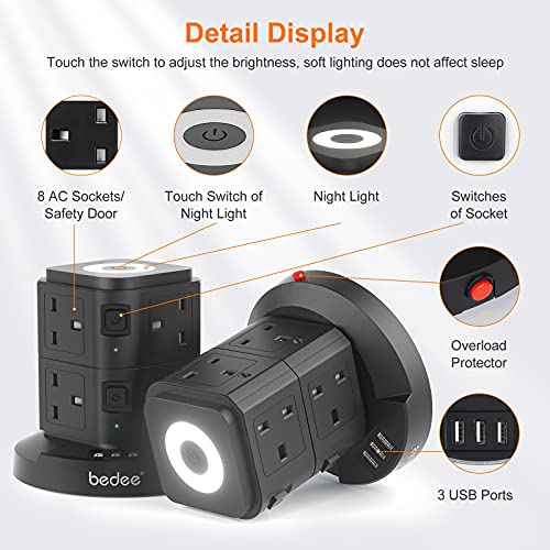 Extension Plug Tower, bedee Tower Extension Lead with Surge Protection, Power Strip Tower with Night Light, 3 USB Slots and 8 Way Outlets, 3M Extension Cord