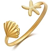 FAUTHENTICUTE Summer Gold Cuff Bracelets For Women Gold Plated Cuff With Shell And Starfish Charm On Both Ends