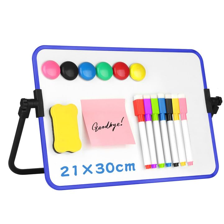 Portable Dry Erase Whiteboard,30×21 cm Double Sided White Board Small Whiteboard with Stand,Magnetic A4 with Dry Erase Pens,Magnets and Eraser for Desk Office Kitchen School (Blue)