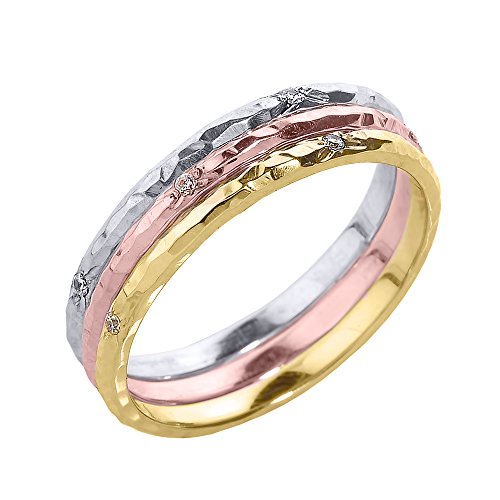 Hammered 14k Tricolor Gold Stackable Diamond Three Piece Ring Set  Bijou MarketPlace