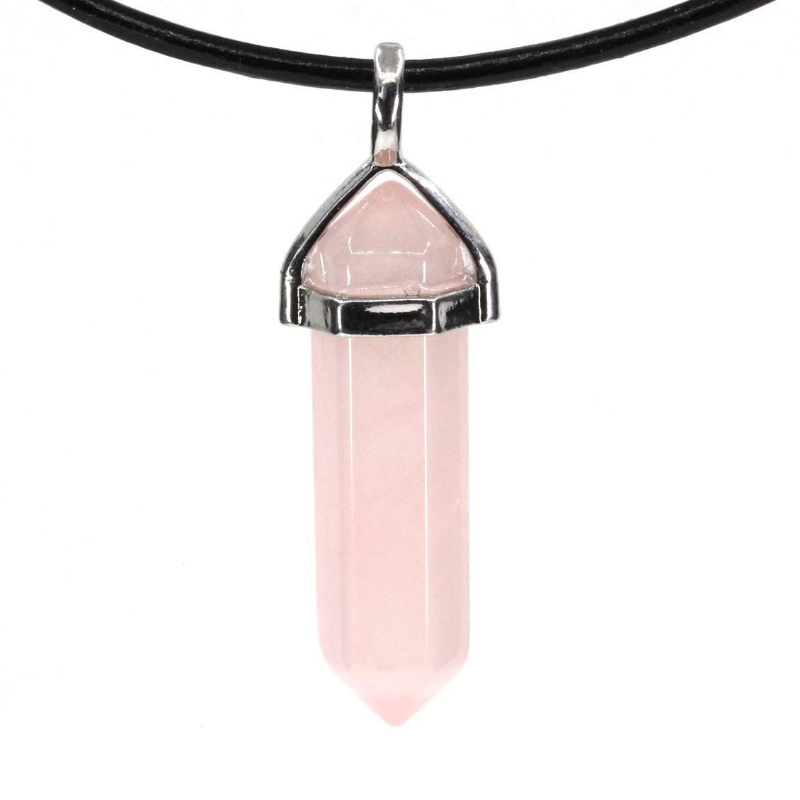 CHENYUE Semi Precious Stones Collection Hexagonal Pointed Beads Pendant Leather Necklace Rose Crystal 18 Inch Cord 1 Grey Pouch