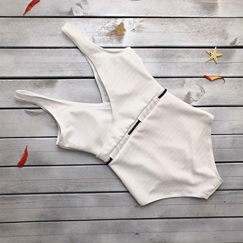 wodceeke Women's One-Piece Swimsuit Solid Color Sling V-Neck Siamese Bikini Beachwear Swimwear(White,M)