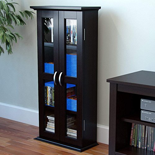 Ryan Rove Kirkwell 41” Wood Bookcase Multimedia Organizer Shelf DVD Media Storage Tower with Doors in Black