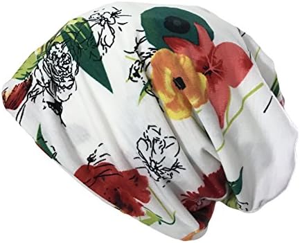 Qiabao Womens Printed Slouch Chemo Beanie Cap Hat for Cancer Patients (White/Red)