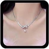 Jugielu Boho Bow Pearl Choker Necklace Wedding Pearl Pendent Necklace Silver Snake Chain Collar Necklaces Cz Bowknot Necklaces Crystal Bow Choker Jewelry for Women
