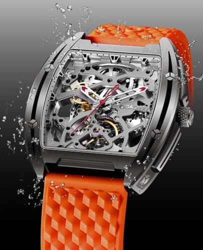 CIGA Design Z Series Automatic Mechanical Watch, Luxury Skeleton Tonneau-Shaped Business Dress Watch, with Silicone/Stainless Steel Strap, Gift for Men and Women