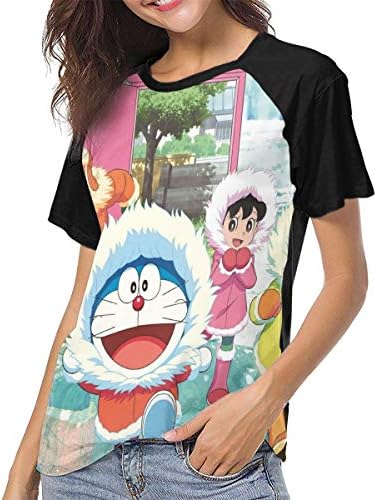 Huiliyuanshiye Custom Women Cute Doraemon T-Shirts Baseball Short Sleeves Tee Top
