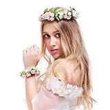 Valdler Flower Wreath Headband Floral Crown Garland Halo with Floral Wrist Band for Wedding Festivals