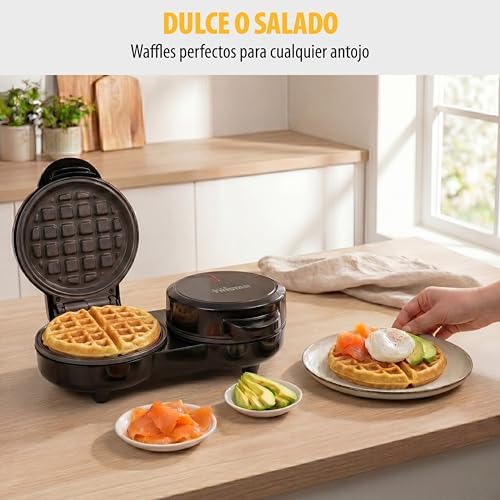 Gofrera Mini Doble, 2 Gofres por Uso, Potencia de 1100 W, Placas de Aluminio Antiadherentes, Diseño Compacto, WF-2115