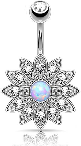 Opal Belly Button Ring Body Piercing Jewelry (Silvertone with Clear Crystals)