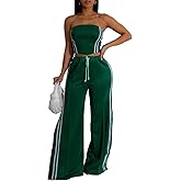 Lingt Chic Women's 2 Piece Summer Outfits Strapless Striped Crop Top & High Waist Wide Leg Pants Set Casual Outfit
