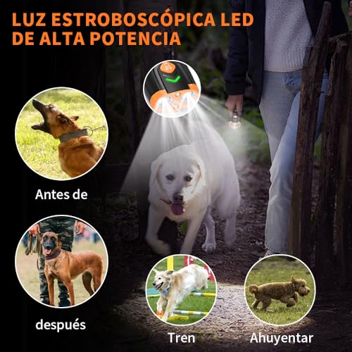 JESWO Ahuyentador de Perros Ultrasonico de 33FT, Alardog para Perros con 2 Ultrasónico Sensors + 2 Linterna LED, Cuatro Modos de Ultrasonidos/Sonido/Linterna LED/Ultrasonidos+Linterna, Recargable