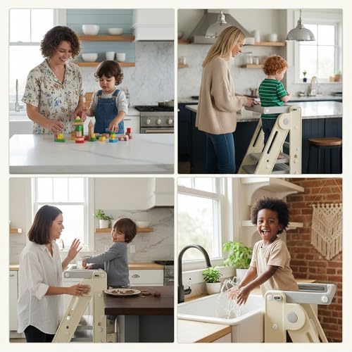 Beauenty Learning Tower, Foldable Children'S Kitchen Step Stool, Adjustable Height Step Ladder Montessori Kids Standing Tower, With Handles, Safty Rail, For Kitchen Counter Bathroom Sink Child Ladder