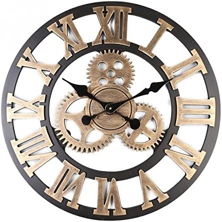 45cm /18inch Wall Clock Decorative Retro Gear Design Round Wall Clock Antique Handmade Wooden Vintage 3D Gear Design (Roman golden)