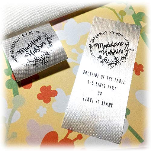 100 pcs Flower Frame Design Handmade Business Custom Text Logo Personalized Sewing Hanging Satin Ribbon Clothing Labels Folding Name tag Washable wash Care Handmade Label D