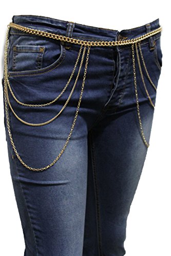 TFJ Women Fashion Belt Hip Waist Gold Metal Chains Side Long Waves Hips S M L