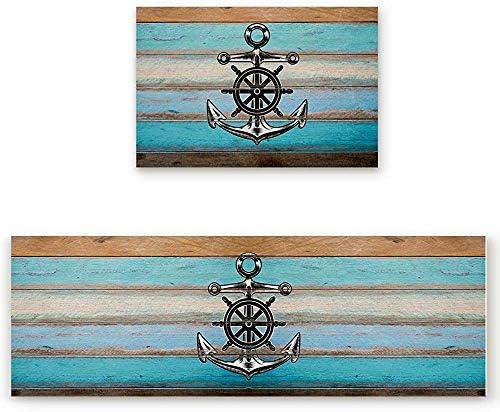 YGUII Kitchen Rugs and Runner Set 2 Pieces Non Skid Washable Indoor Entrance Doormat Floor Mat Carpet for Kitchen/Bedroom/Washroom,Nautical Anchor (16X23.6in (40x60cm) and 16X47in (40x120cm) inches)