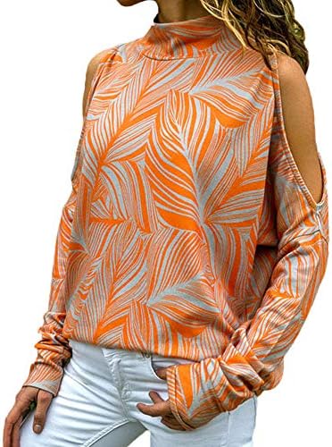 Women Sweatshirts Long Sleeve Fahion Ladies Plus Size Cold Shoulder Blouse Geometric Floral Printed Jumper Top Shirts