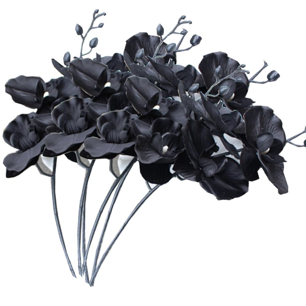 Photo 1 of 18" Artificial Phalaenopsis Flowers 6 Pcs Black Artificial Orchid Flowers Stem Plants for Home Office Wedding Décor