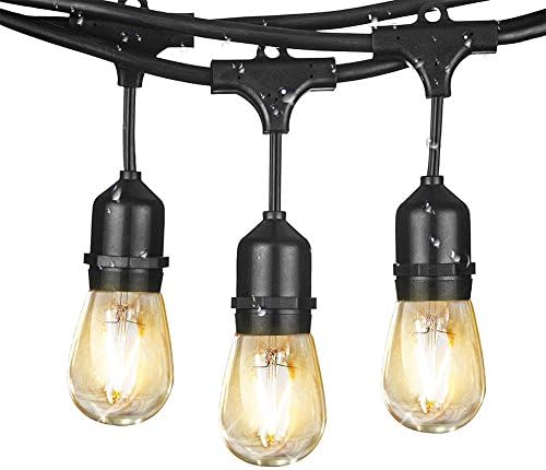 LEDERA Weatherproof LED String Lights, 48ft Indoor/Outdoor Lights, S14 LED Bulbs 2W, 15 Sockets, Commercial Hanging Lights for Patio, Garden, Backyard - Black