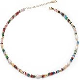 Aleasha Boho Beaded Choker Gemstone Natural Pearl Necklace for Women 14K Gold Plated Beach Summer Colorful Jewelry