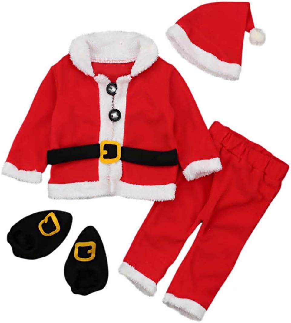 Baby Boys Girls Christmas Fleece Santa Claus Tops Coats+Pants+Pants+Shoes 4Pcs Xmas Gift Outfit