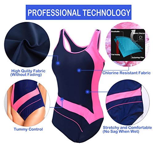 EBMORE Womens One Piece Swimsuit Bathing Suit Chlorine Resistant for Athletic Sport Training Exercise(Pink & Navy 10-12)