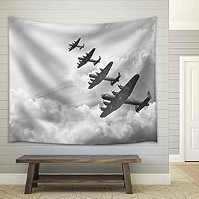 Black and White Retro Image of Lancaster Bombers from Battle of Britain in World War Two - Fabric Wall Tapestry Home Decor - 51x60 inches